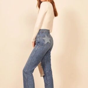 Reformation Star Jeans Blue Jeans Star Patch Butt back Raw Hem